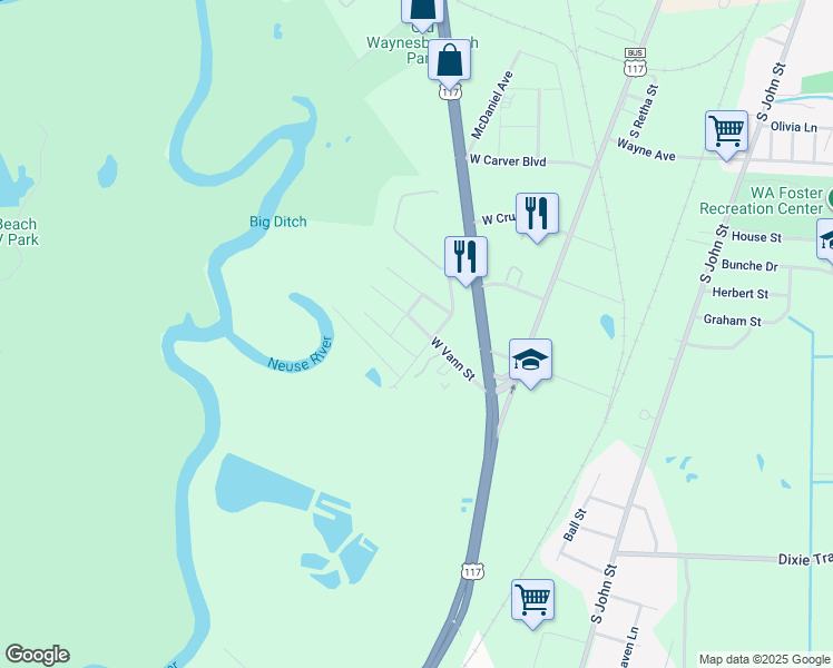 map of restaurants, bars, coffee shops, grocery stores, and more near 504 West Vann Street in Goldsboro