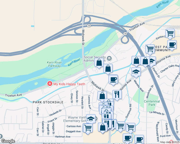map of restaurants, bars, coffee shops, grocery stores, and more near 5301 Office Park Drive in Bakersfield