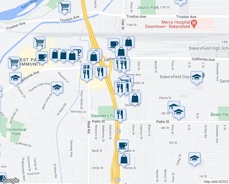 map of restaurants, bars, coffee shops, grocery stores, and more near 3271 Chester Lane in Bakersfield