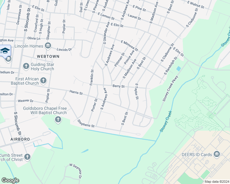map of restaurants, bars, coffee shops, grocery stores, and more near 103 East Rosemary Circle in Goldsboro