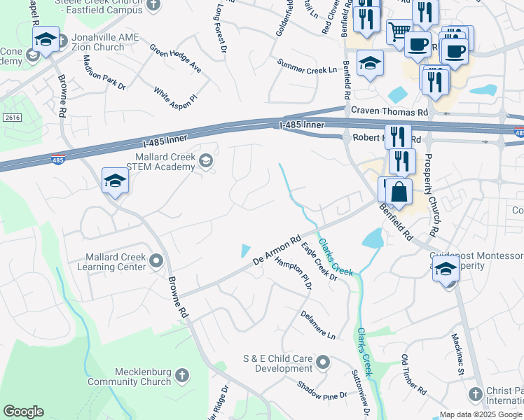 map of restaurants, bars, coffee shops, grocery stores, and more near 11317 Fox Hill Drive in Charlotte