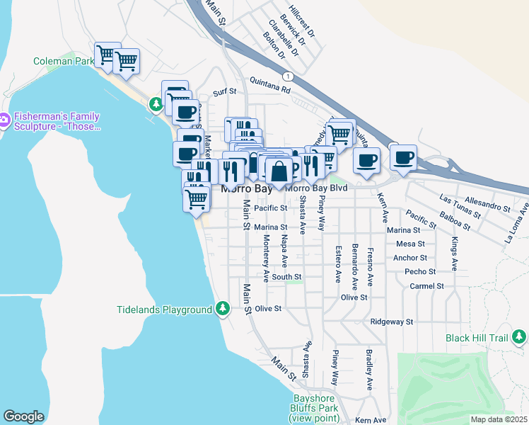 map of restaurants, bars, coffee shops, grocery stores, and more near 675 Monterey Avenue in Morro Bay