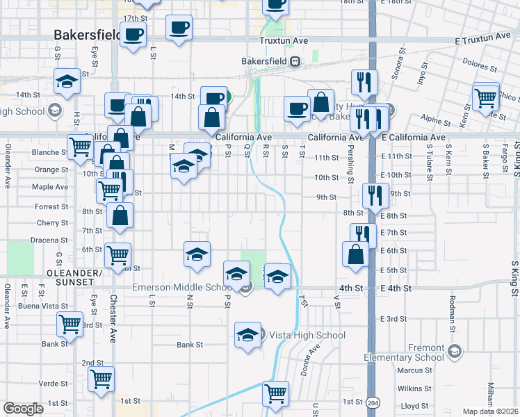 map of restaurants, bars, coffee shops, grocery stores, and more near 715 9th Street in Bakersfield