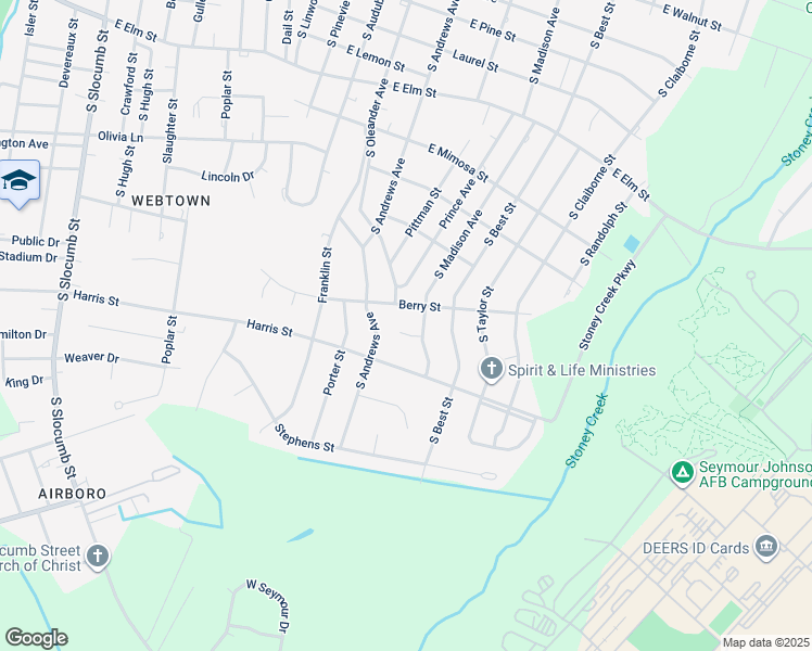 map of restaurants, bars, coffee shops, grocery stores, and more near 103 East Rosemary Circle in Goldsboro