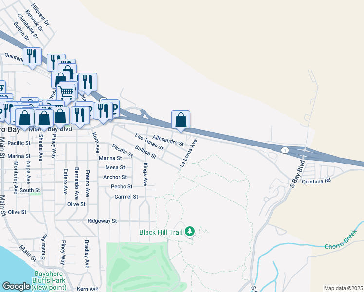 map of restaurants, bars, coffee shops, grocery stores, and more near 1140 Allesandro Street in Morro Bay