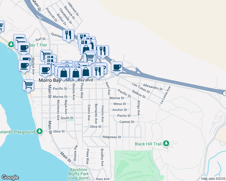 map of restaurants, bars, coffee shops, grocery stores, and more near 740 Kern Avenue in Morro Bay