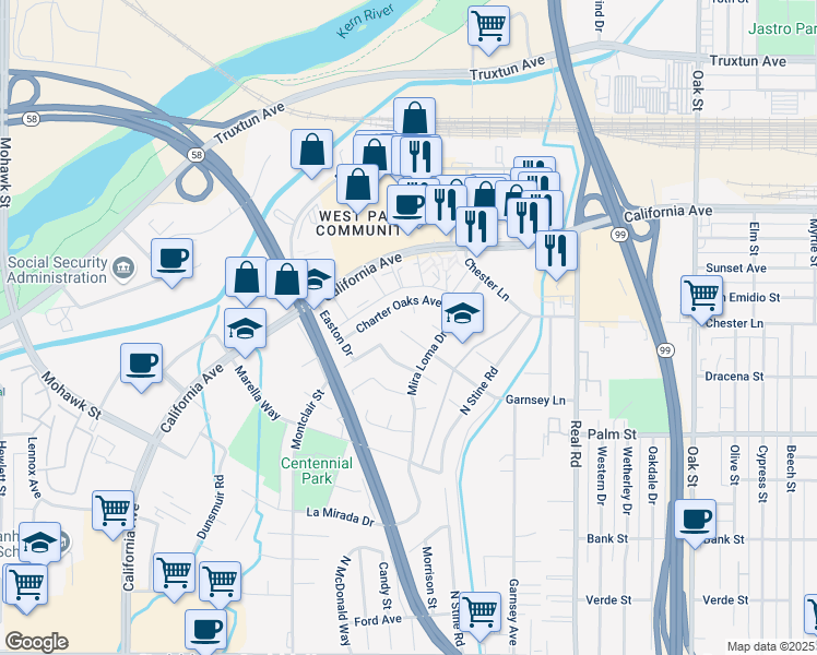 map of restaurants, bars, coffee shops, grocery stores, and more near 4302 Charter Oaks Avenue in Bakersfield