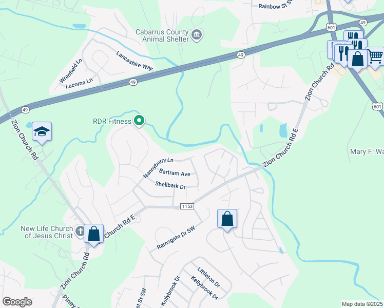 map of restaurants, bars, coffee shops, grocery stores, and more near 805 Nannyberry Lane in Concord