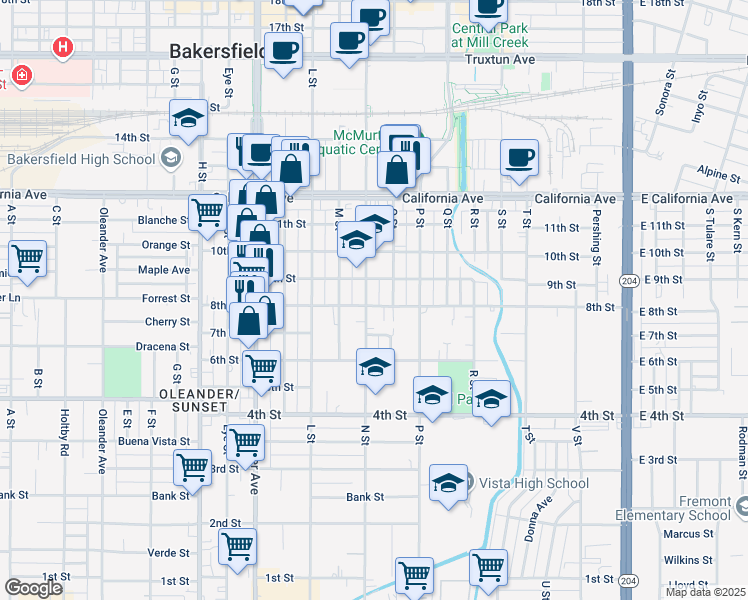 map of restaurants, bars, coffee shops, grocery stores, and more near 1030 8th Street in Bakersfield