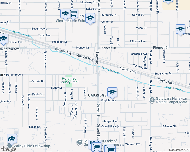 map of restaurants, bars, coffee shops, grocery stores, and more near 3032 Potomac Avenue in Bakersfield