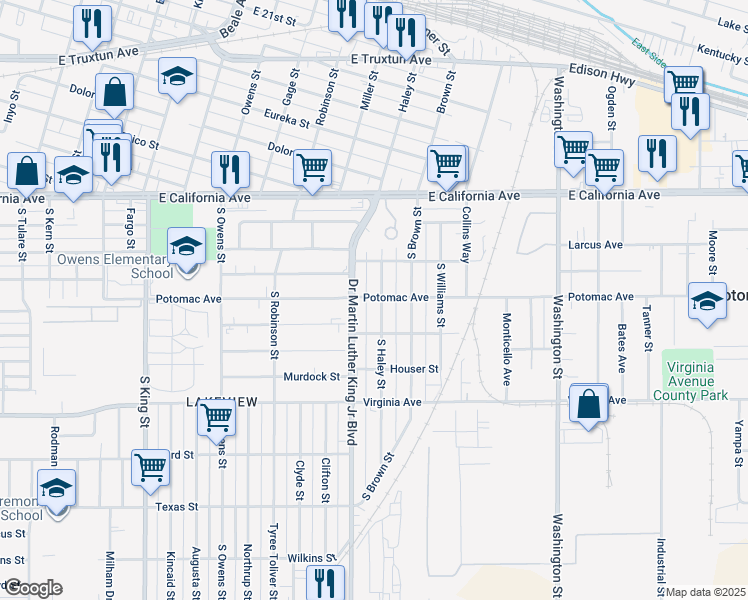 map of restaurants, bars, coffee shops, grocery stores, and more near 820 South Haley Street in Bakersfield
