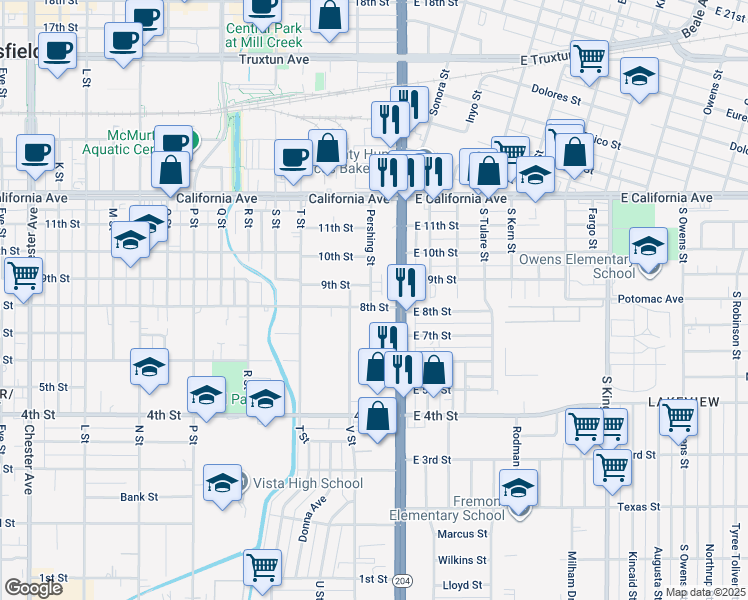 map of restaurants, bars, coffee shops, grocery stores, and more near 900 Pershing Street in Bakersfield