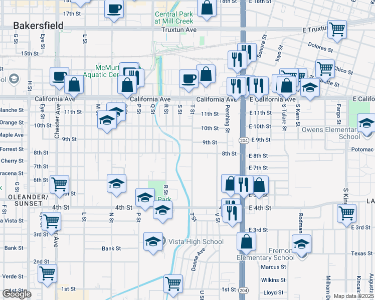 map of restaurants, bars, coffee shops, grocery stores, and more near 910 T Street in Bakersfield