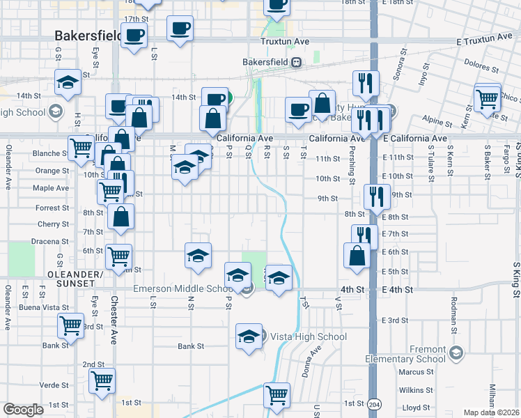 map of restaurants, bars, coffee shops, grocery stores, and more near 715 9th Street in Bakersfield