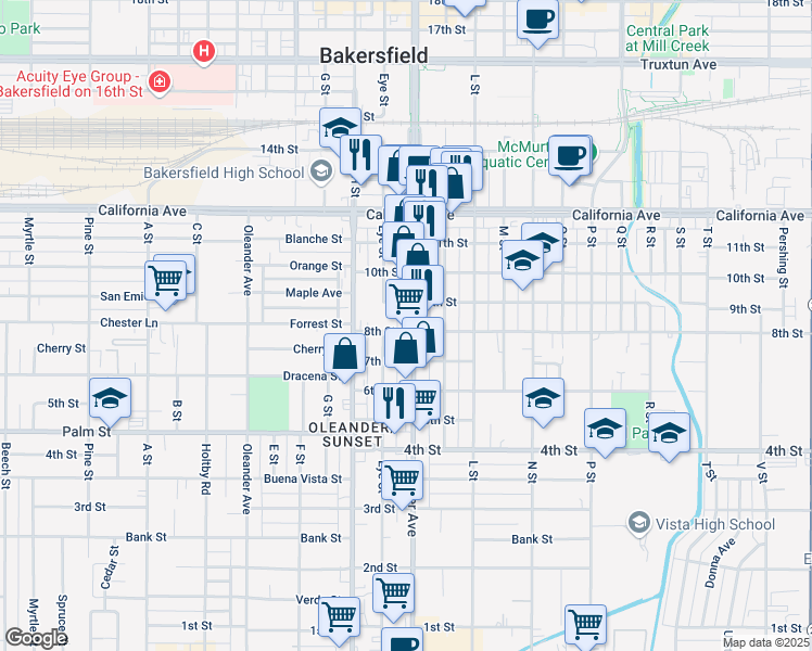 map of restaurants, bars, coffee shops, grocery stores, and more near 829 Chester Avenue in Bakersfield