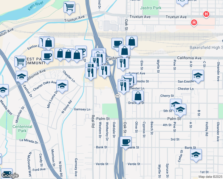 map of restaurants, bars, coffee shops, grocery stores, and more near 3271 Chester Lane in Bakersfield