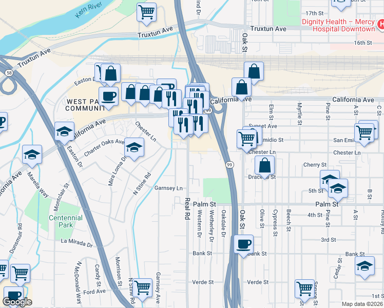 map of restaurants, bars, coffee shops, grocery stores, and more near 818 Real Road in Bakersfield