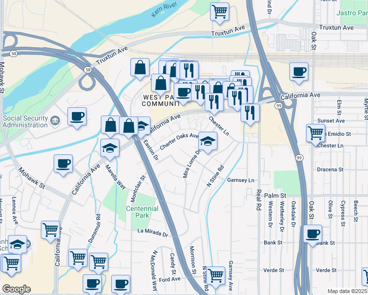 map of restaurants, bars, coffee shops, grocery stores, and more near 4302 Charter Oaks Avenue in Bakersfield
