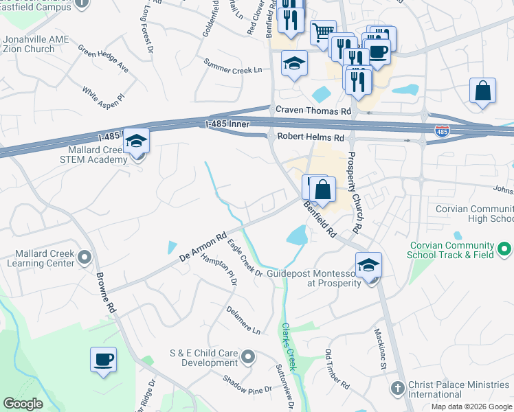 map of restaurants, bars, coffee shops, grocery stores, and more near 12447 Jessica Place in Charlotte