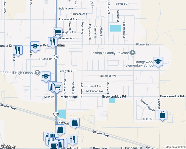 map of restaurants, bars, coffee shops, grocery stores, and more near 8616 Butternut Avenue in Bakersfield