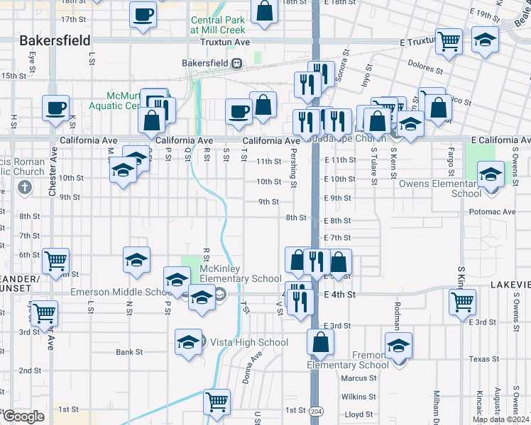 map of restaurants, bars, coffee shops, grocery stores, and more near 324 8th Street in Bakersfield