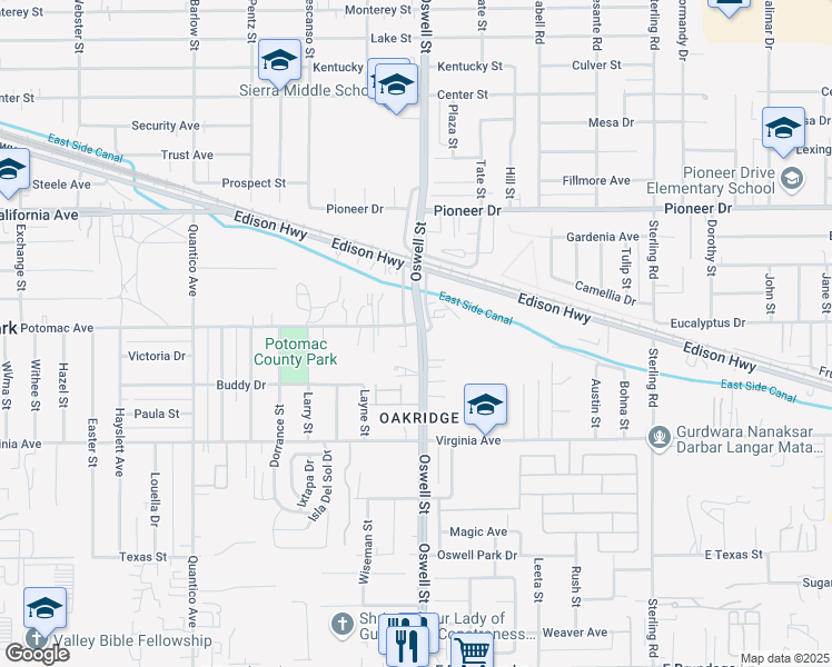 map of restaurants, bars, coffee shops, grocery stores, and more near 3041 Potomac Avenue in Bakersfield