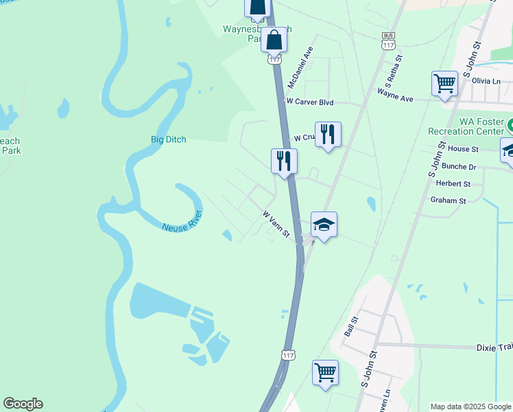 map of restaurants, bars, coffee shops, grocery stores, and more near 504 West Vann Street in Goldsboro