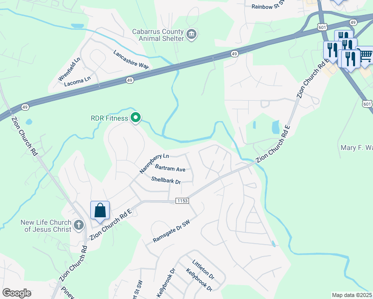 map of restaurants, bars, coffee shops, grocery stores, and more near 805 Nannyberry Lane in Concord