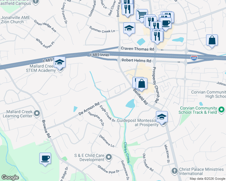 map of restaurants, bars, coffee shops, grocery stores, and more near 12447 Jessica Place in Charlotte