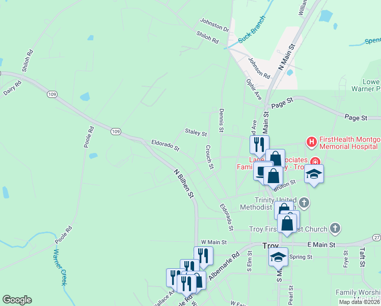 map of restaurants, bars, coffee shops, grocery stores, and more near 622 Morris Drive in Troy
