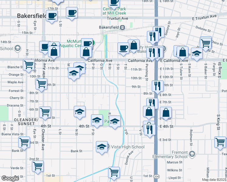 map of restaurants, bars, coffee shops, grocery stores, and more near 618 8th Street in Bakersfield