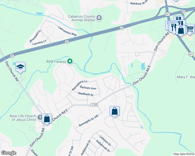 map of restaurants, bars, coffee shops, grocery stores, and more near 809 Nannyberry Lane in Concord