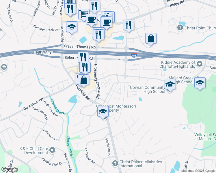 map of restaurants, bars, coffee shops, grocery stores, and more near 12405 McGrath Drive in Charlotte