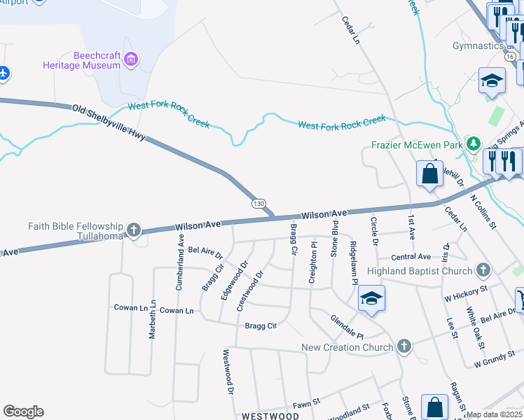 map of restaurants, bars, coffee shops, grocery stores, and more near 41 Old Shelbyville Highway in Tullahoma
