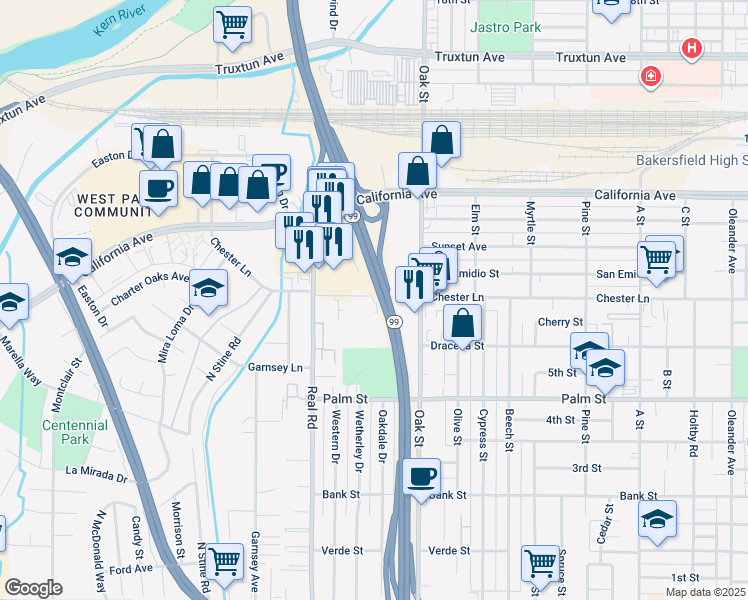 map of restaurants, bars, coffee shops, grocery stores, and more near 3271 Chester Lane in Bakersfield