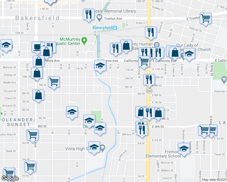 map of restaurants, bars, coffee shops, grocery stores, and more near 520 8th Street in Bakersfield