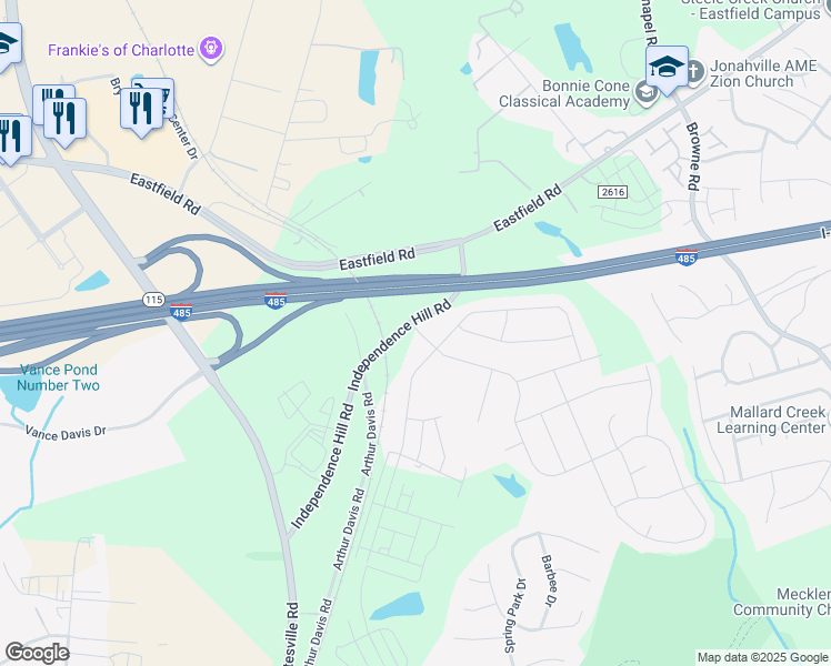 map of restaurants, bars, coffee shops, grocery stores, and more near 10620 Independence Hill Road in Charlotte