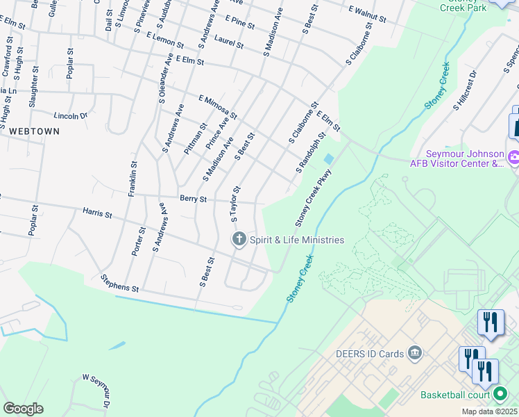 map of restaurants, bars, coffee shops, grocery stores, and more near 1000 South Claiborne Street in Goldsboro