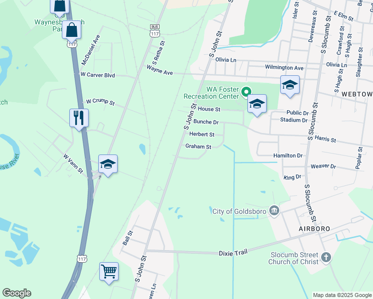 map of restaurants, bars, coffee shops, grocery stores, and more near 1509-1521 South John Street in Goldsboro