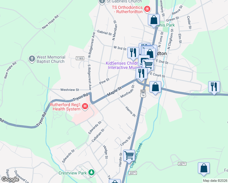 map of restaurants, bars, coffee shops, grocery stores, and more near Maple Street in Rutherfordton