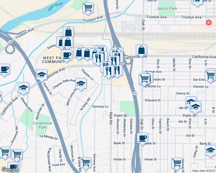 map of restaurants, bars, coffee shops, grocery stores, and more near 3408 Chester Lane in Bakersfield