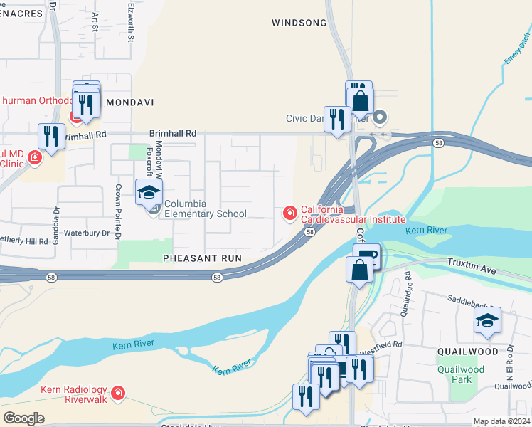 map of restaurants, bars, coffee shops, grocery stores, and more near 807 Jasmine Parke Drive in Bakersfield
