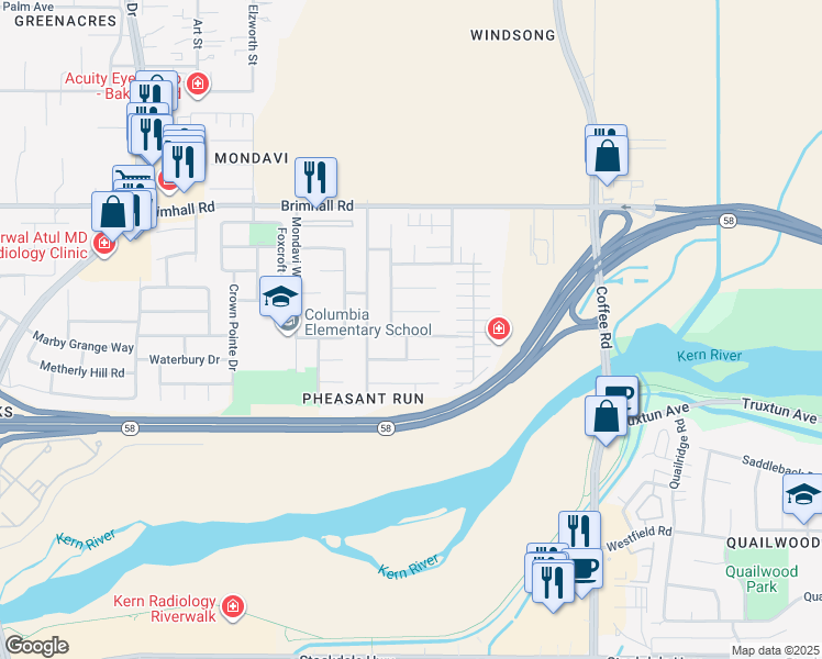 map of restaurants, bars, coffee shops, grocery stores, and more near 8720 River Spring Court in Bakersfield
