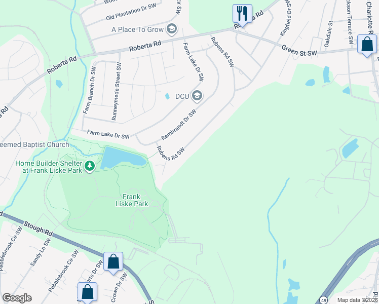 map of restaurants, bars, coffee shops, grocery stores, and more near 823 Rubens Road Southwest in Concord