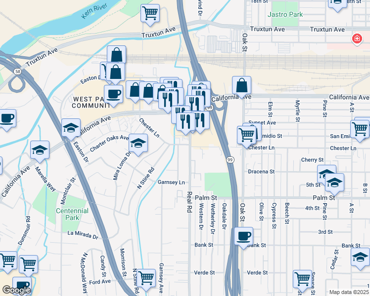 map of restaurants, bars, coffee shops, grocery stores, and more near 3408 Chester Lane in Bakersfield