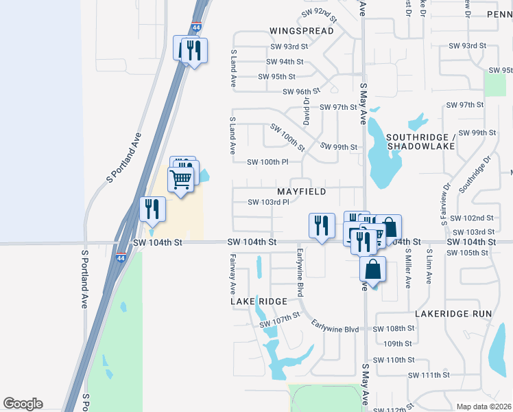 map of restaurants, bars, coffee shops, grocery stores, and more near 3145 Southwest 103rd Place in Oklahoma City