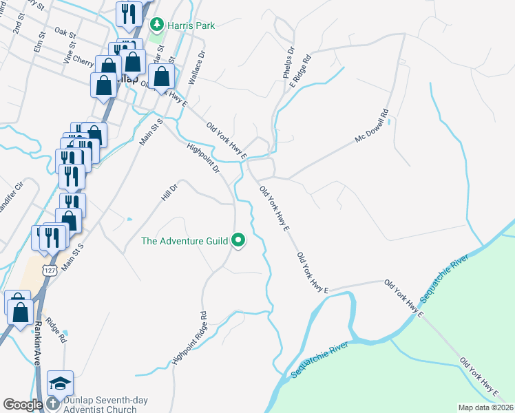 map of restaurants, bars, coffee shops, grocery stores, and more near 1482 Old York Highway East in Dunlap