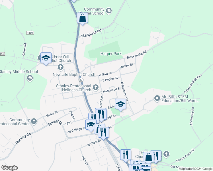 map of restaurants, bars, coffee shops, grocery stores, and more near 215 East Parkwood Street in Stanley