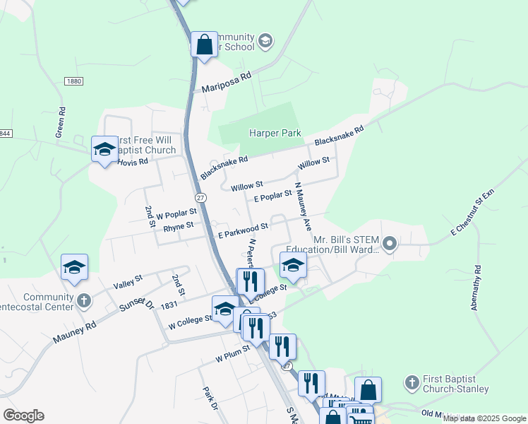map of restaurants, bars, coffee shops, grocery stores, and more near 215 East Parkwood Street in Stanley