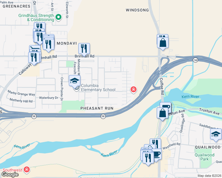 map of restaurants, bars, coffee shops, grocery stores, and more near 8612 River Spring Court in Bakersfield